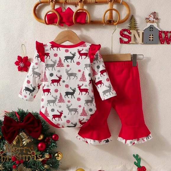 SHEIN Baby Girl Christmas Print Ruffle Trim Matching Bodysuit w/ Headband NWOT - Picture 2 of 8